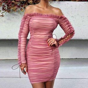 Miss Circle Rose Darling Off Shoulder Ruched Dress XS Blush Pink Ruffles Bodycon